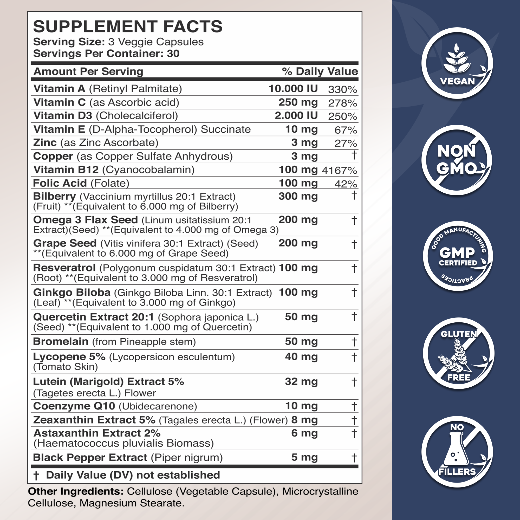 Lutein + Zeaxanthin, Lycopene, Grape Seed, Bilberry, Astaxanthin & Omega 3