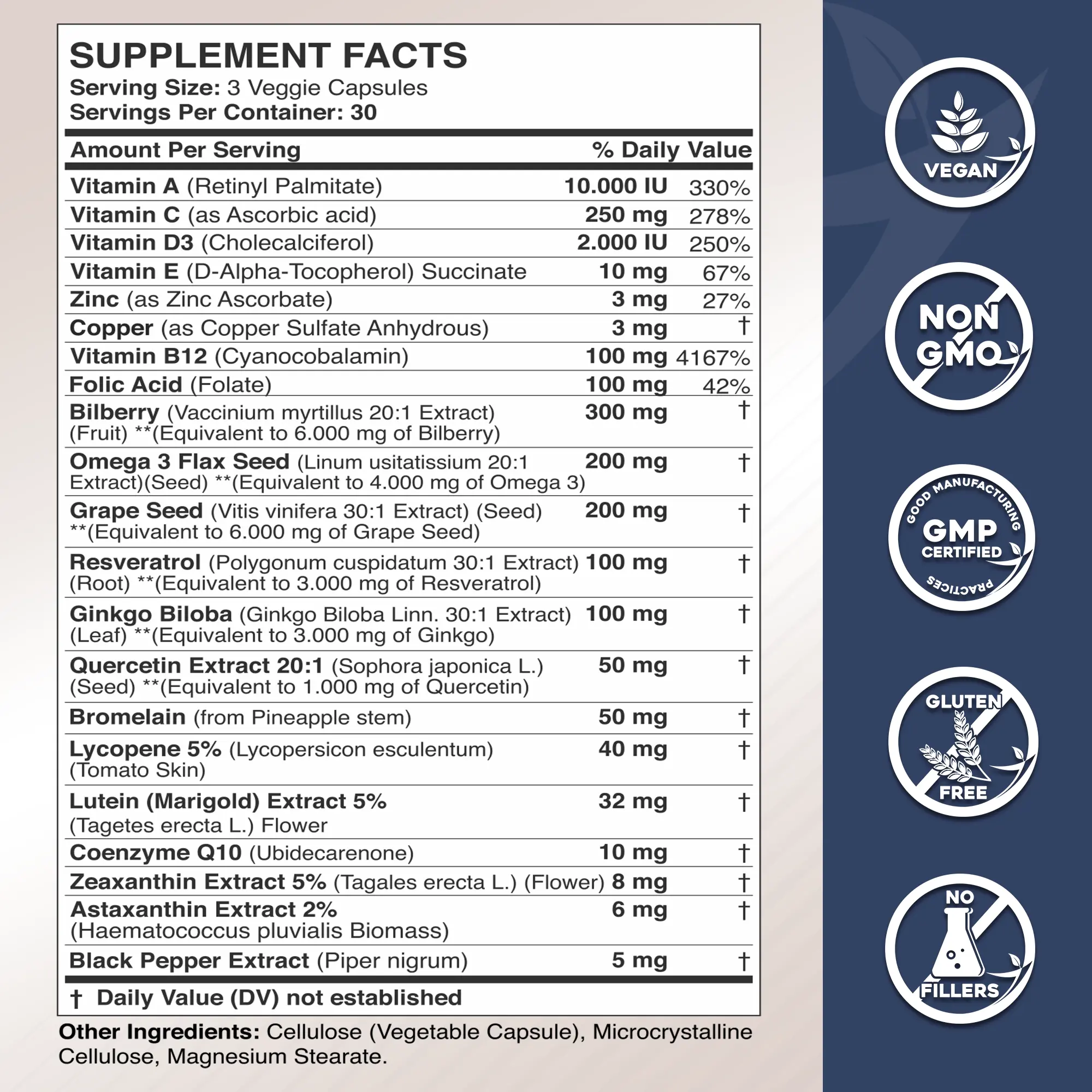 Lutein + Zeaxanthin, Lycopene, Grape Seed, Bilberry, Astaxanthin & Omega 3 - Gade Nutrition