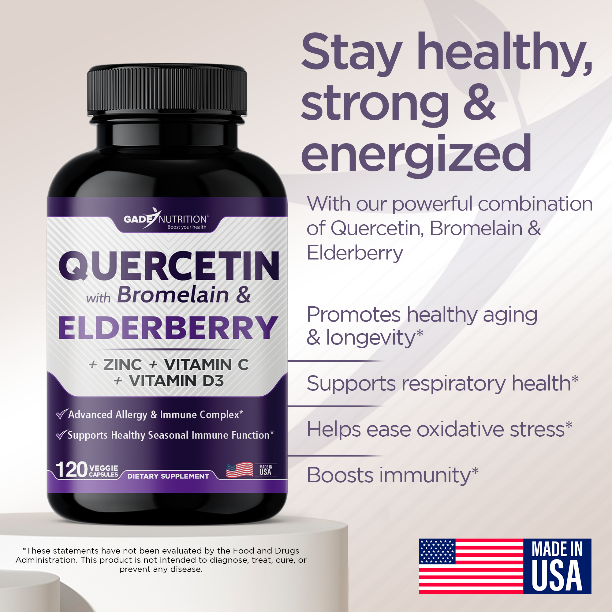 Quercetin with Bromelain & Elderberry + Zinc, Vitamin C and Vitamin D3