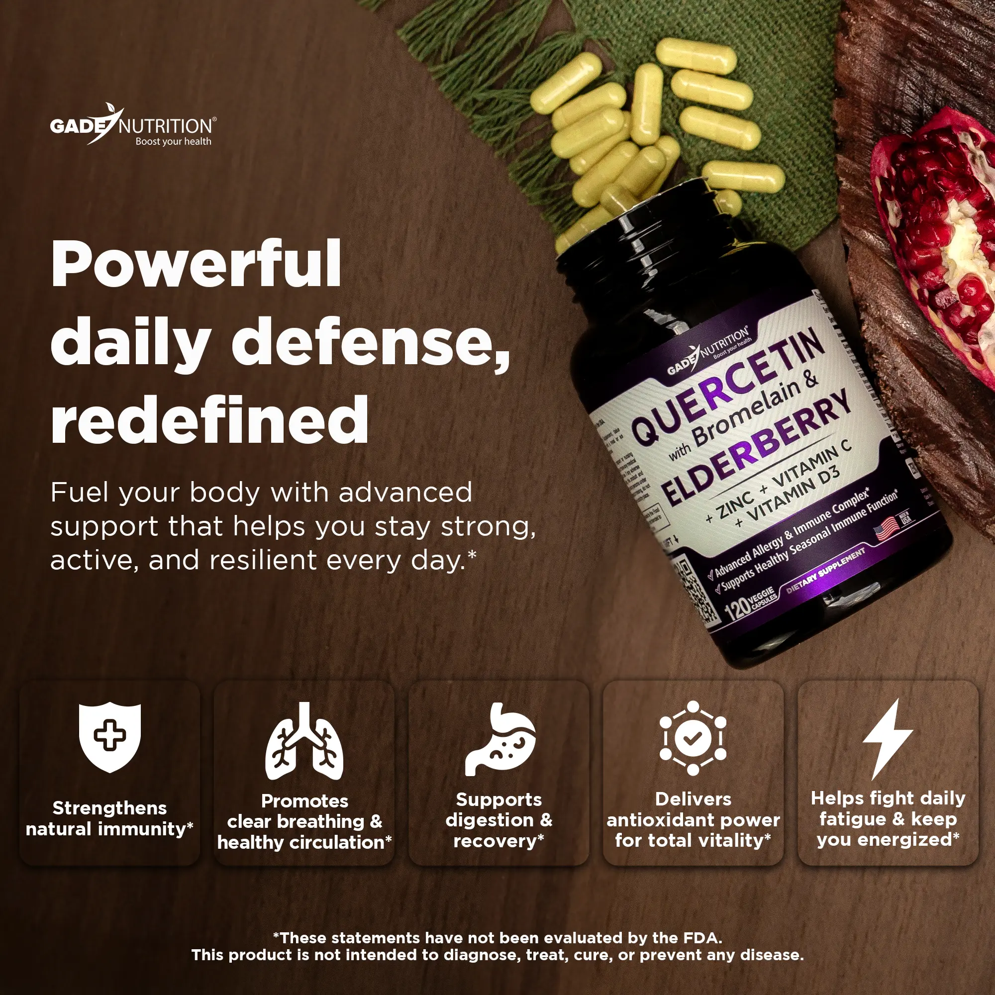Quercetin with Bromelain & Elderberry + Vitamin C, D3 and Zinc GADE NUTRITION