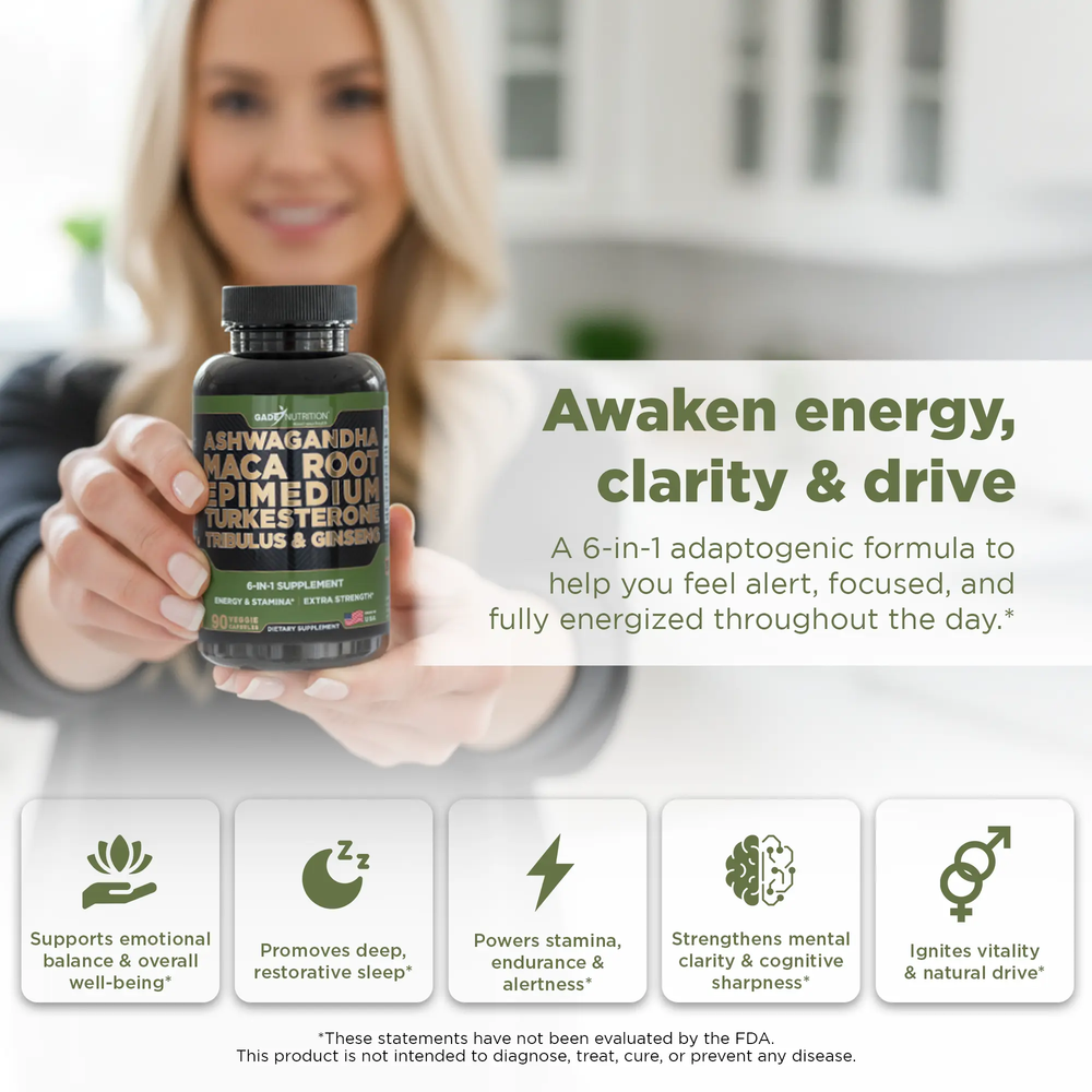 Ashwagandha 6-in-1 with Maca, Turkesterone, Tribulus, Ginseng & More GADE NUTRITION