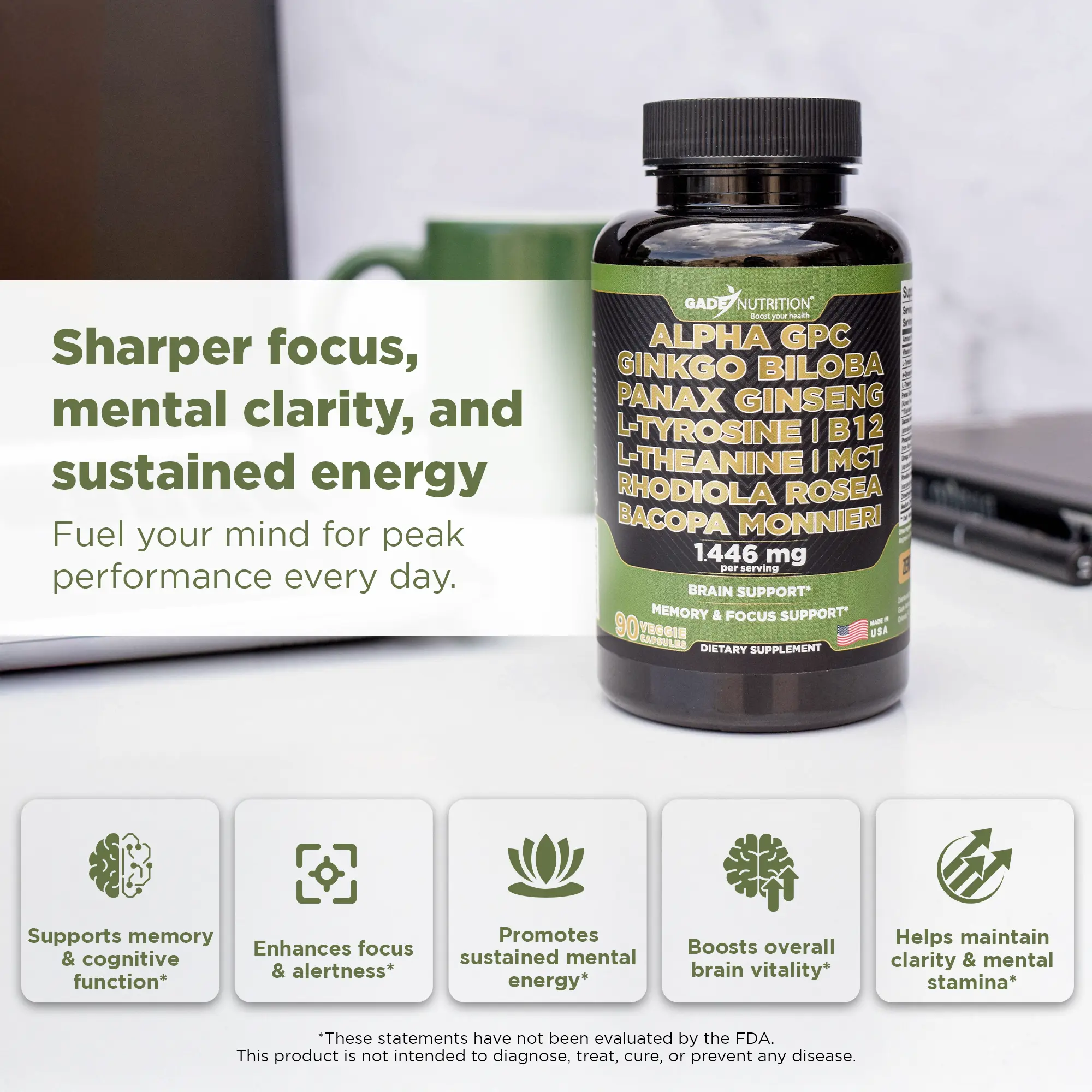 Alpha GPC Blend with Ginkgo Biloba, Ginseng, B12, MCT, Bacopa and More GADE NUTRITION