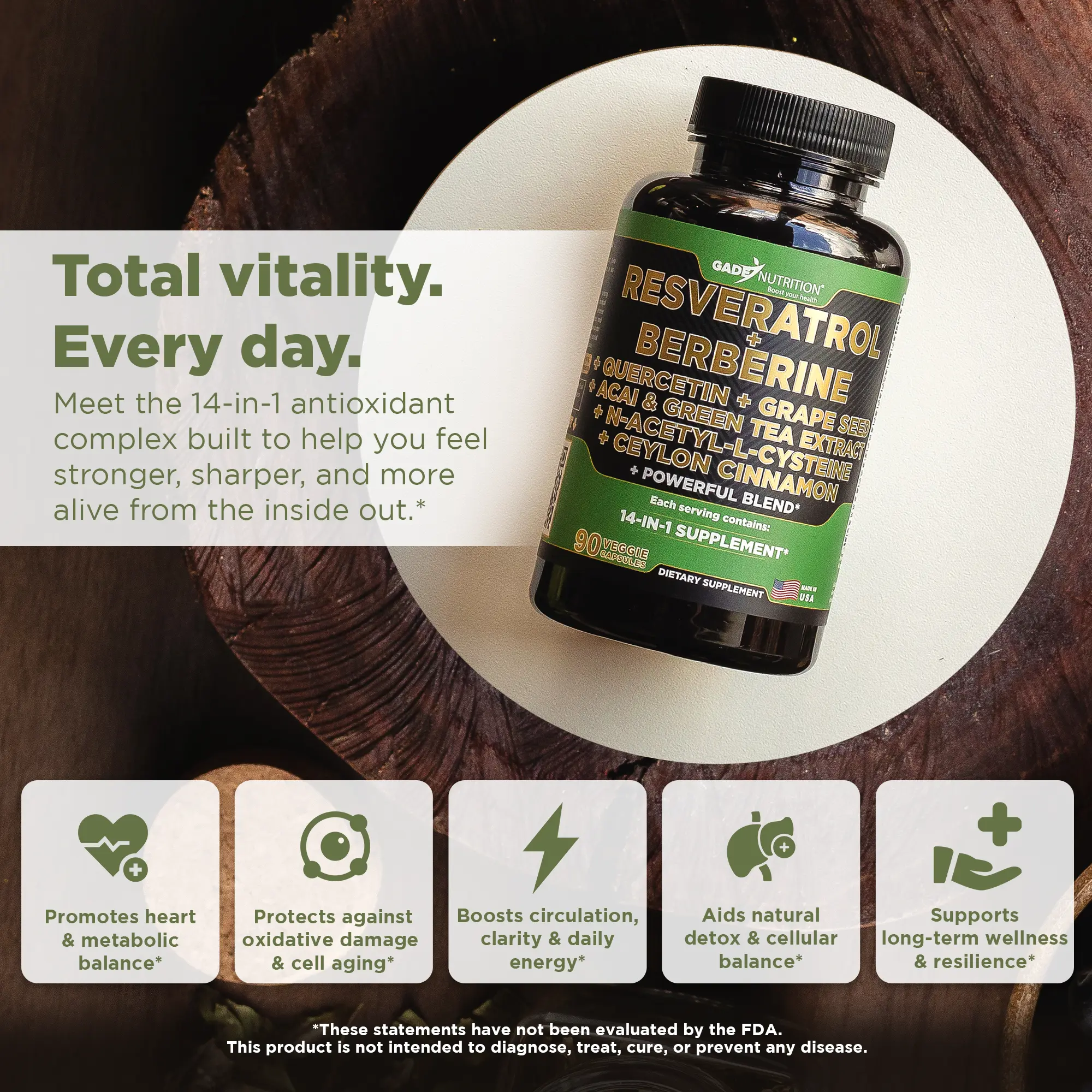 Resveratrol 14-in-1 with Berberine, Quercetin, Grape Seed and More Gade Nutrition