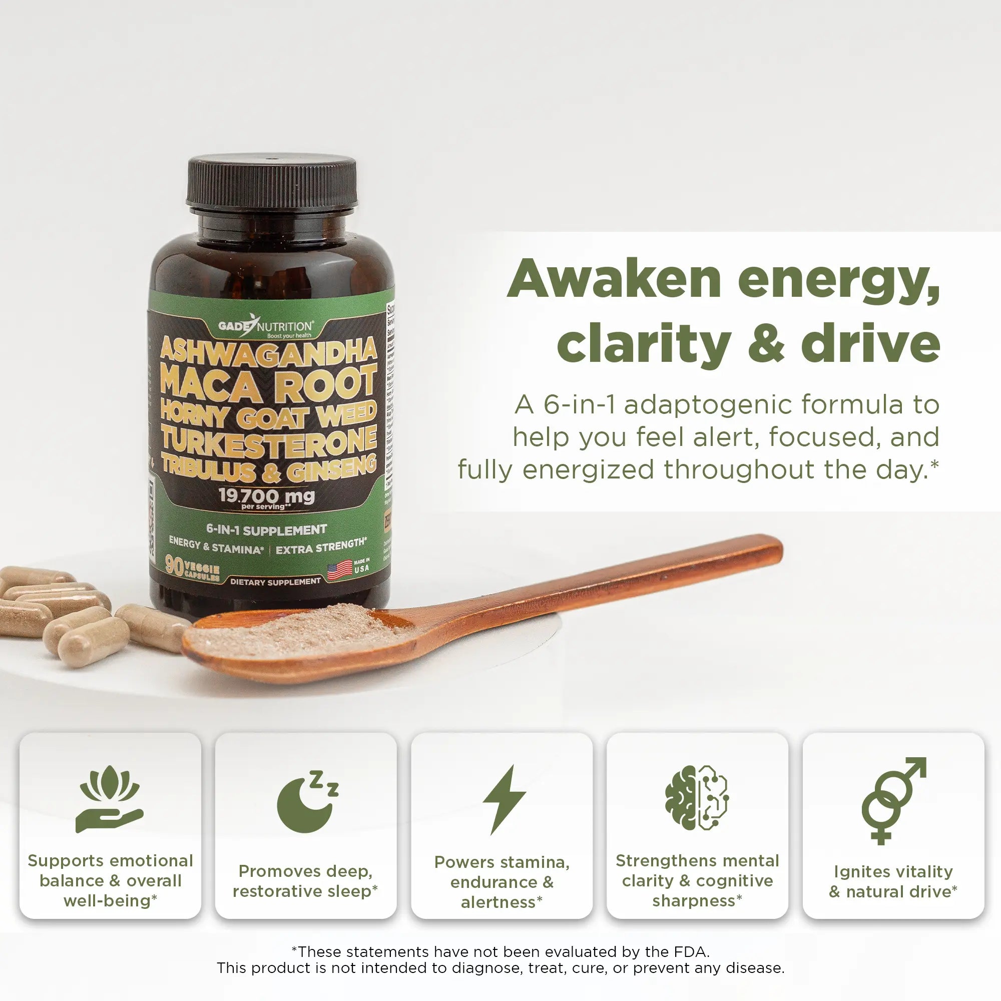 Ashwagandha 6-in-1 with Maca, Turkesterone, Tribulus, Ginseng & More GADE NUTRITION