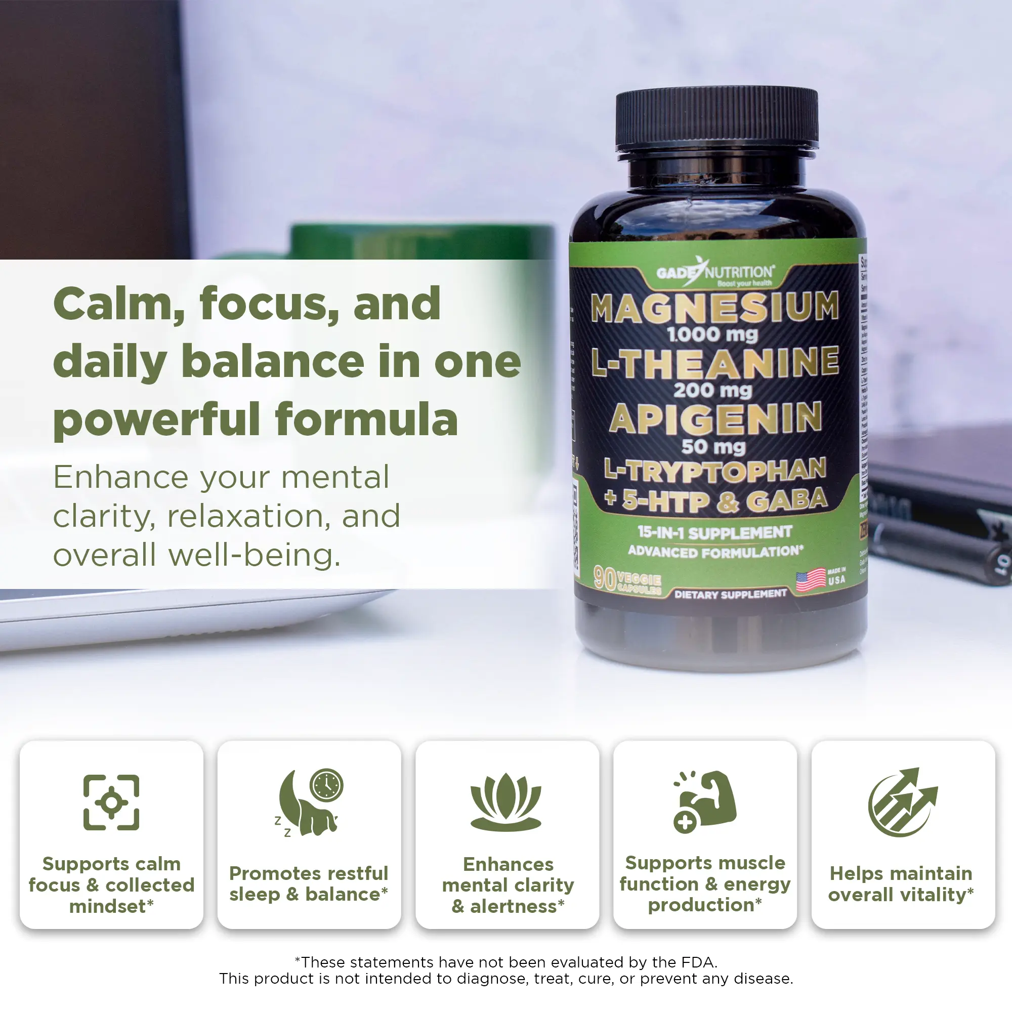 Magnesium with L-Theanine, Apigenin,  L-Tryptophan, 5 HTP, GABA - Blend 15-in-1 GADE NUTRITION