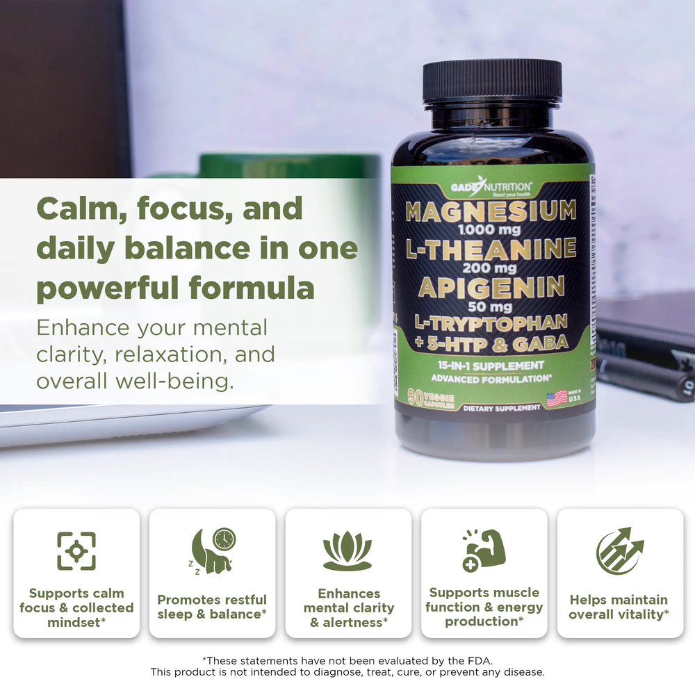 Magnesium with L-Theanine, Apigenin,  L-Tryptophan, 5 HTP, GABA - Blend 15-in-1 GADE NUTRITION