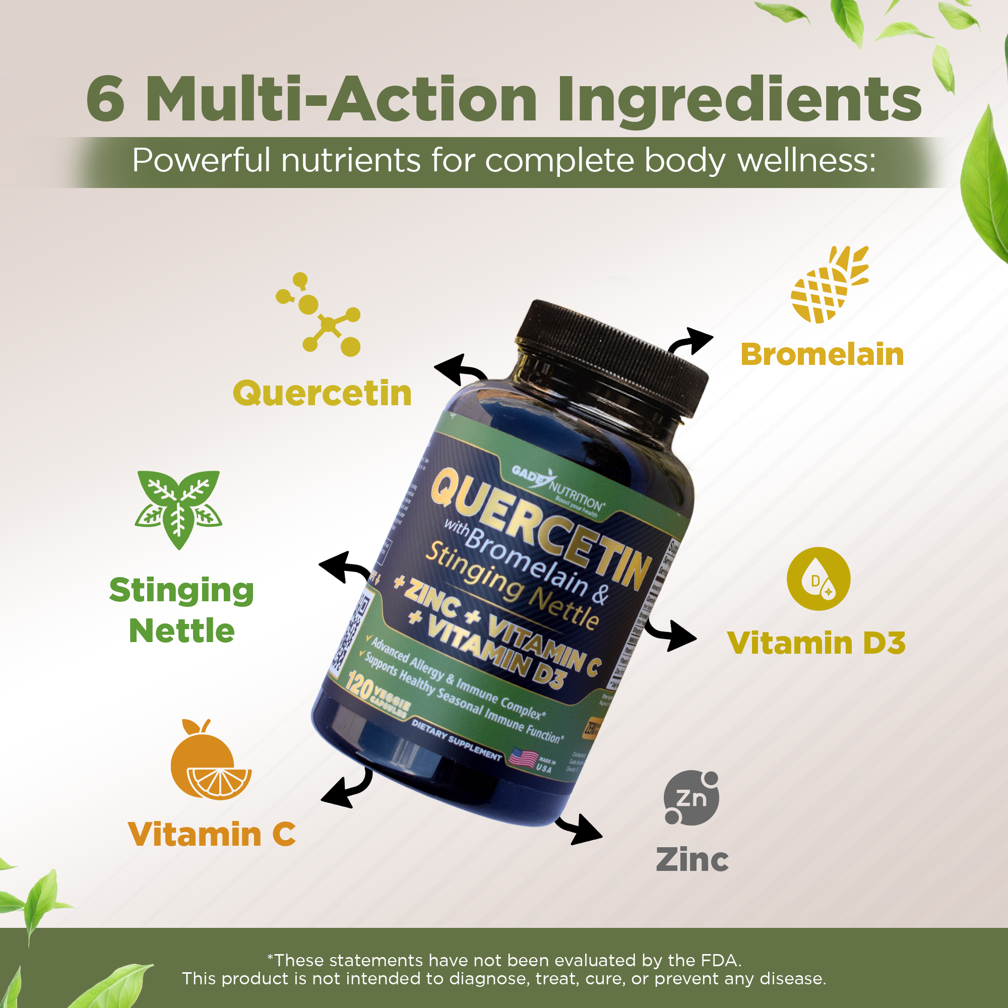 Quercetin with Bromelain & Stinging Nettle + Vitamin C, D3 and Zinc GADE NUTRITION