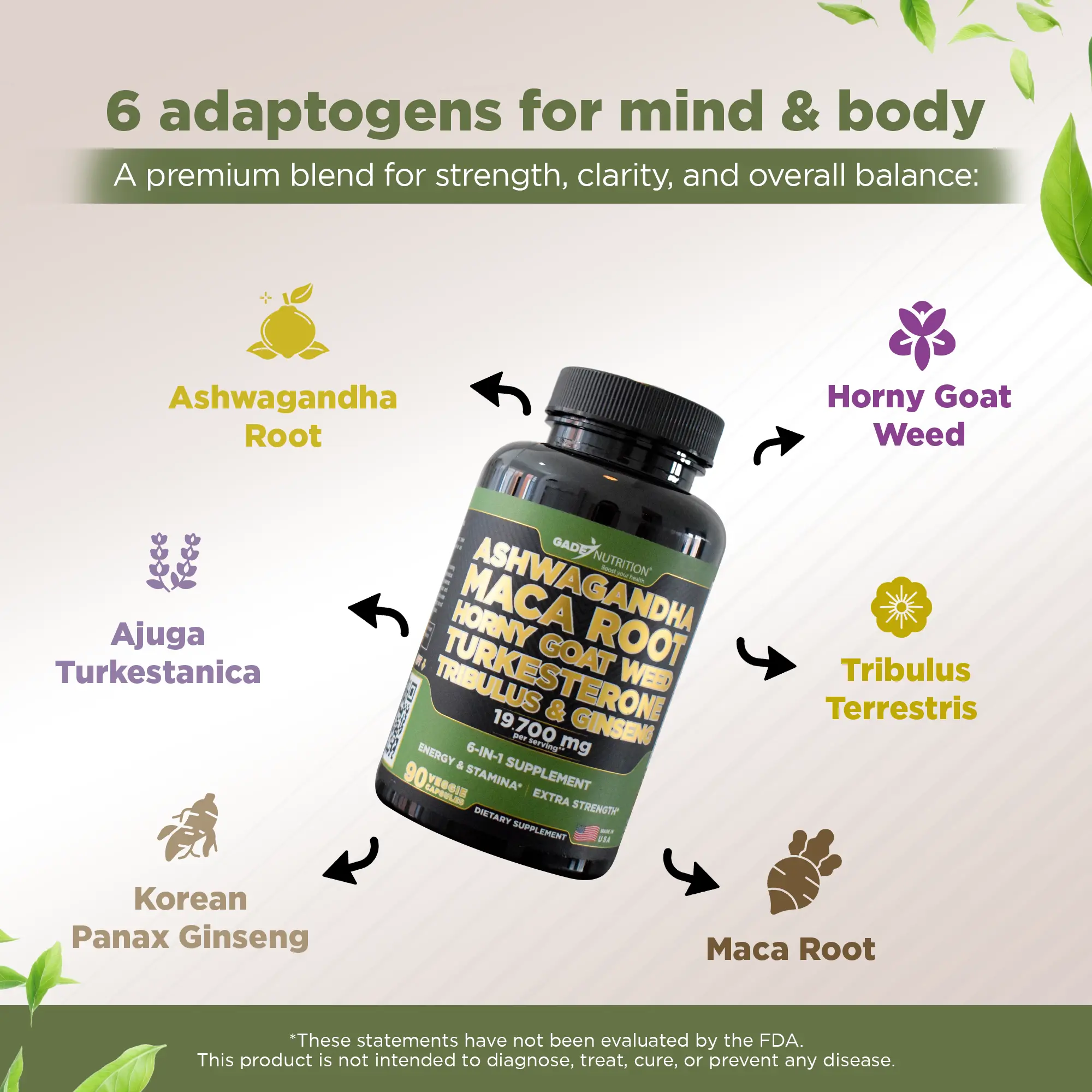 Ashwagandha 6-in-1 with Maca, Turkesterone, Tribulus, Ginseng & More GADE NUTRITION