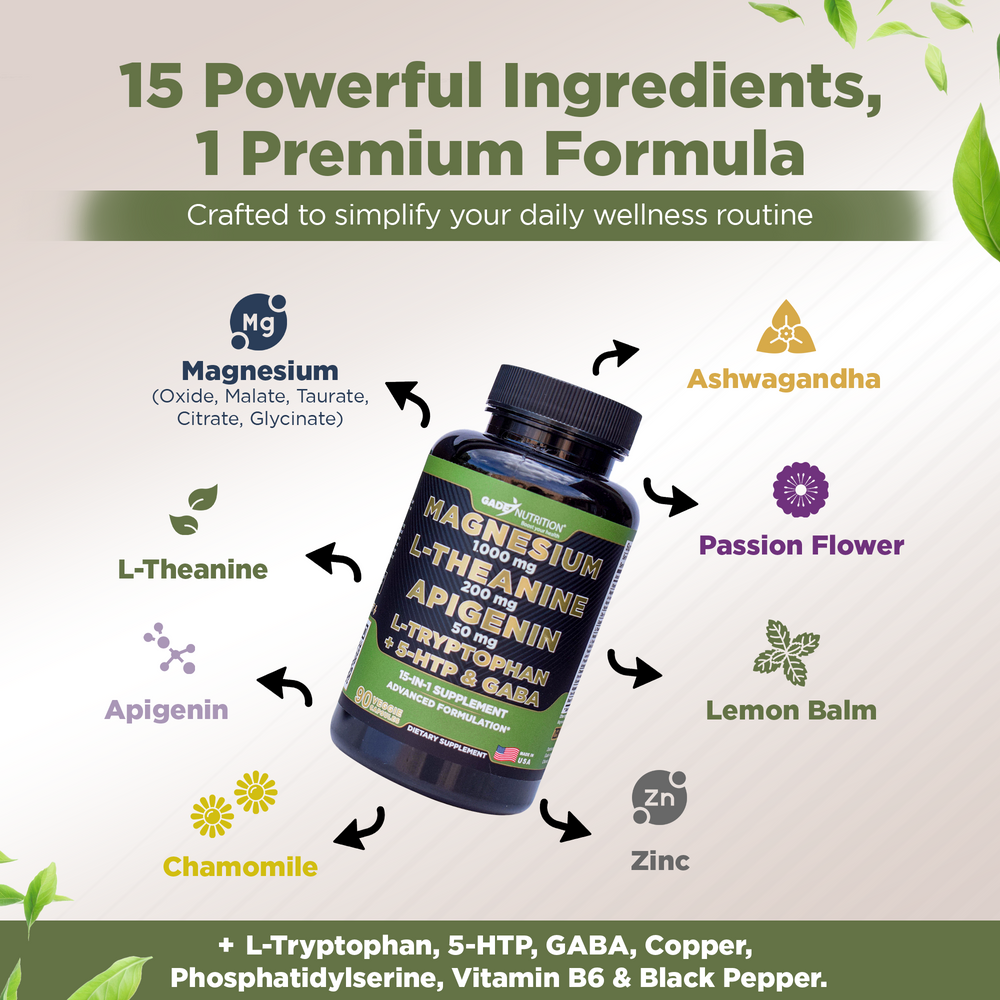 Magnesium with L-Theanine, Apigenin,  L-Tryptophan, 5 HTP, GABA - Blend 15-in-1 GADE NUTRITION