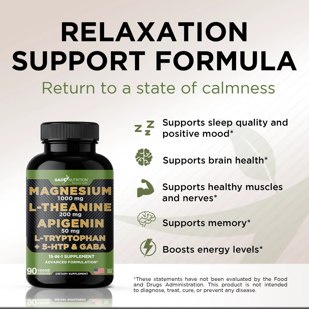Magnesium with L Theanine, Apigenin,  L Tryptophan, 5 HTP, GABA, Blend 18-in-1 - Gade Nutrition