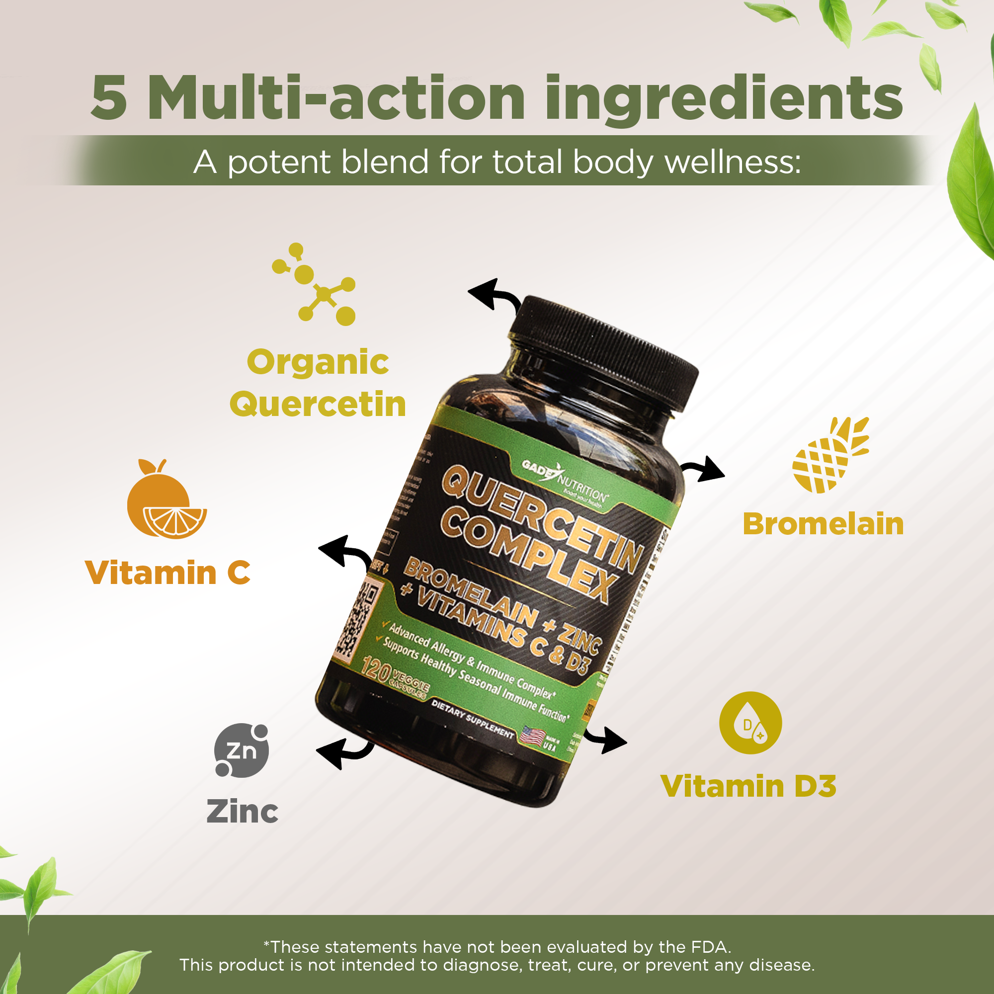 Quercetin Complex with Bromelain, Vitamin C, D3 and Zinc GADE NUTRITION
