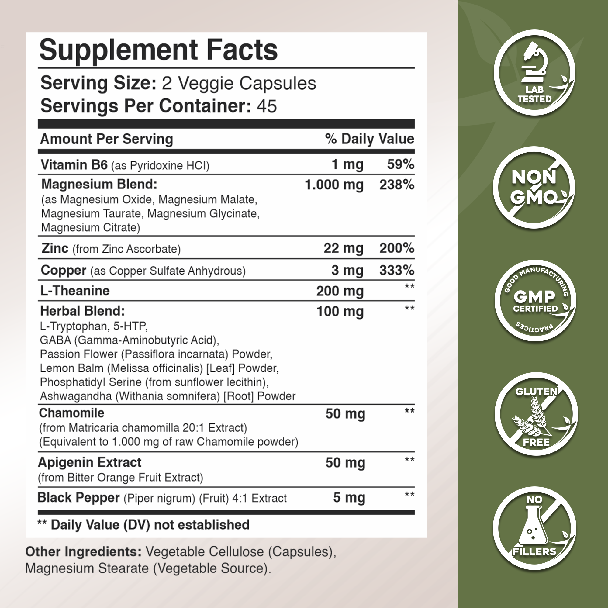 Magnesium with L-Theanine, Apigenin,  L-Tryptophan, 5 HTP, GABA - Blend 15-in-1 GADE NUTRITION