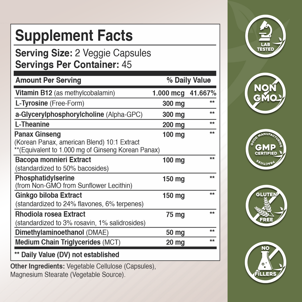 Alpha GPC Blend with Ginkgo Biloba, Ginseng, B12, MCT, Bacopa and More GADE NUTRITION