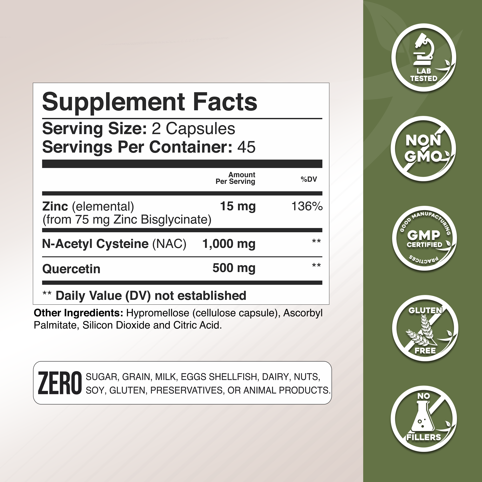 NAC (N-Acetyl-Cysteine) with Quercetin & ZInc Gade Nutrition