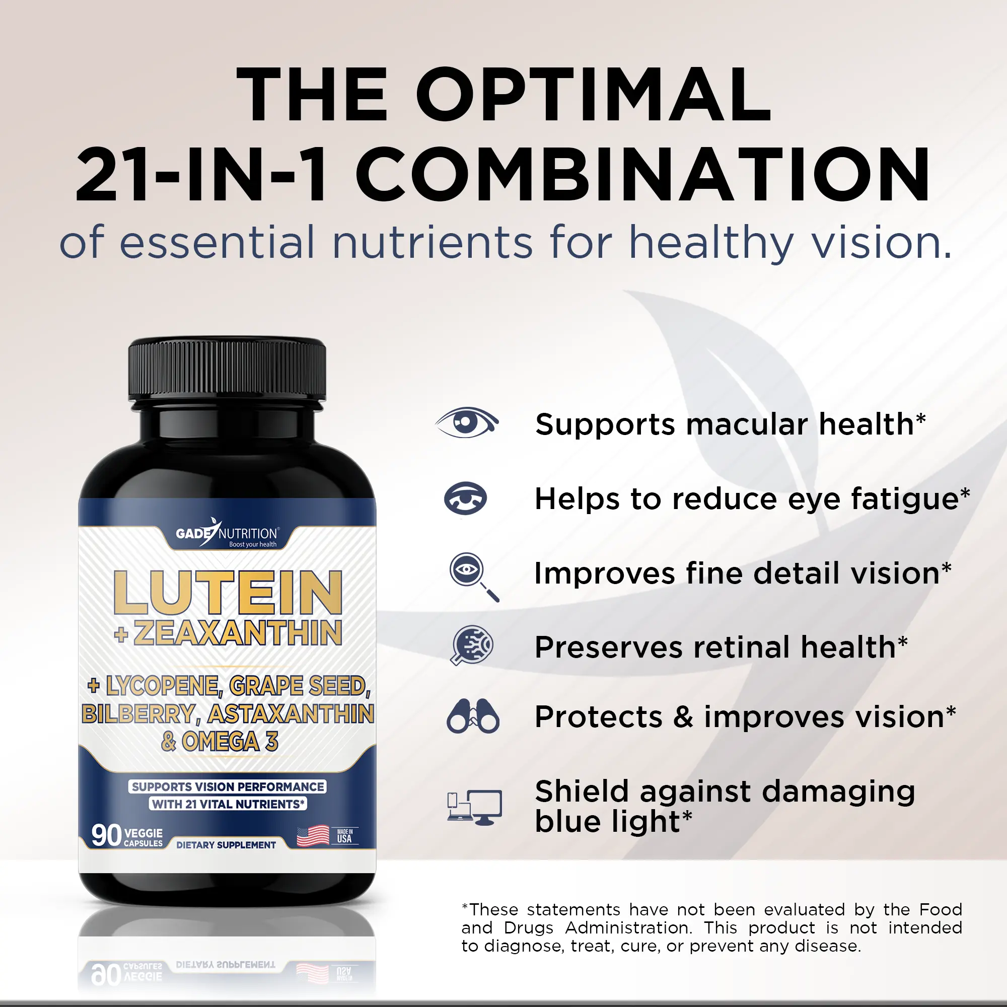 Lutein + Zeaxanthin, Lycopene, Grape Seed, Bilberry, Astaxanthin & Omega 3 - Gade Nutrition
