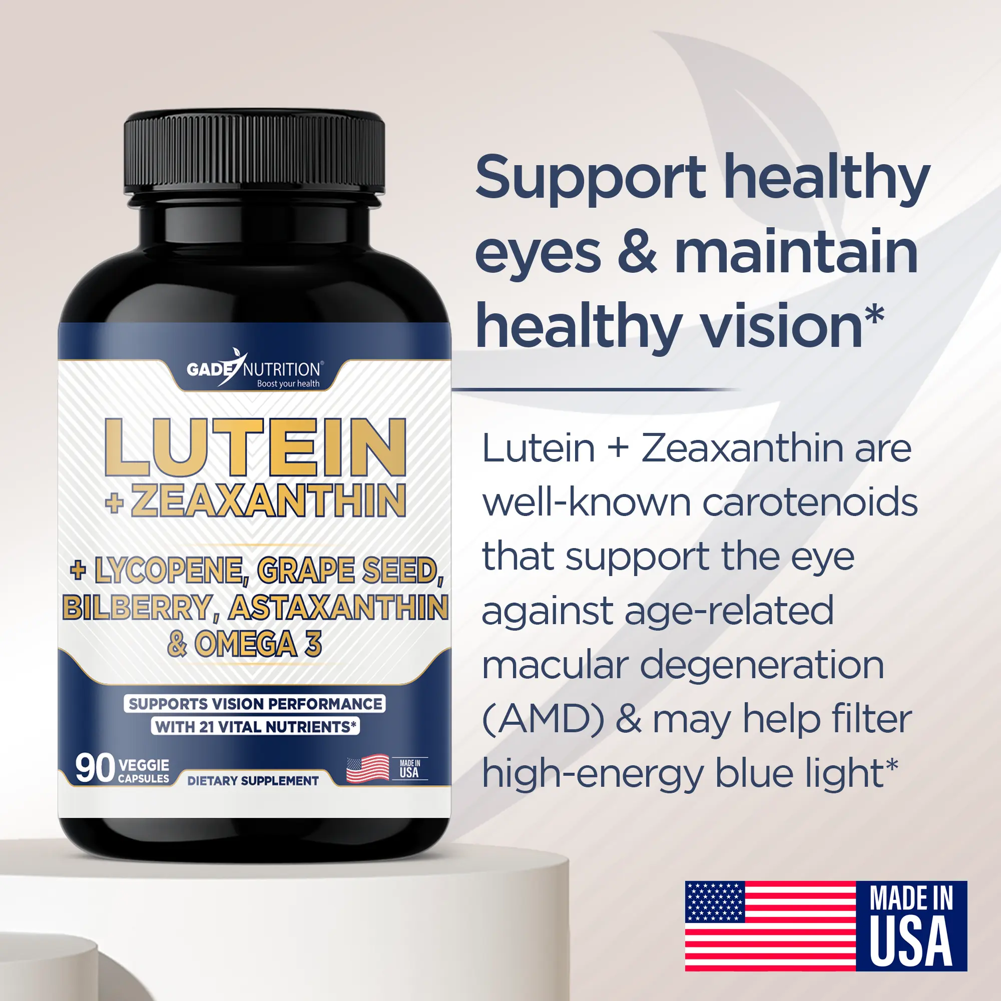 Lutein + Zeaxanthin, Lycopene, Grape Seed, Bilberry, Astaxanthin & Omega 3 - Gade Nutrition