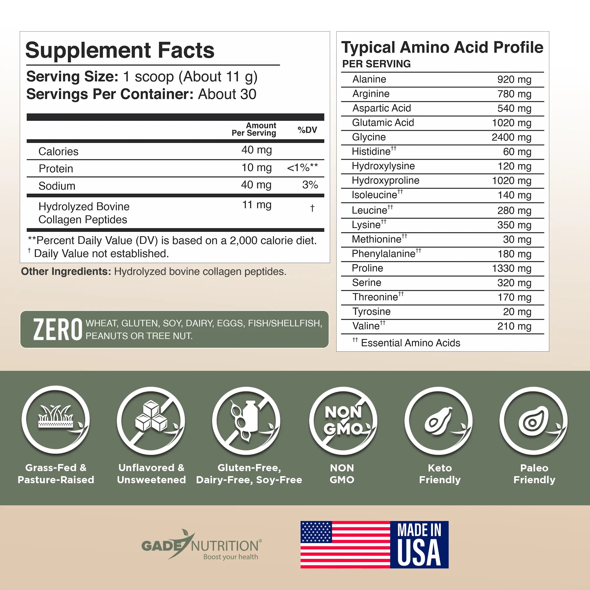 Collagen Peptides Powder Hydrolyzed Types I & III Gade Nutrition