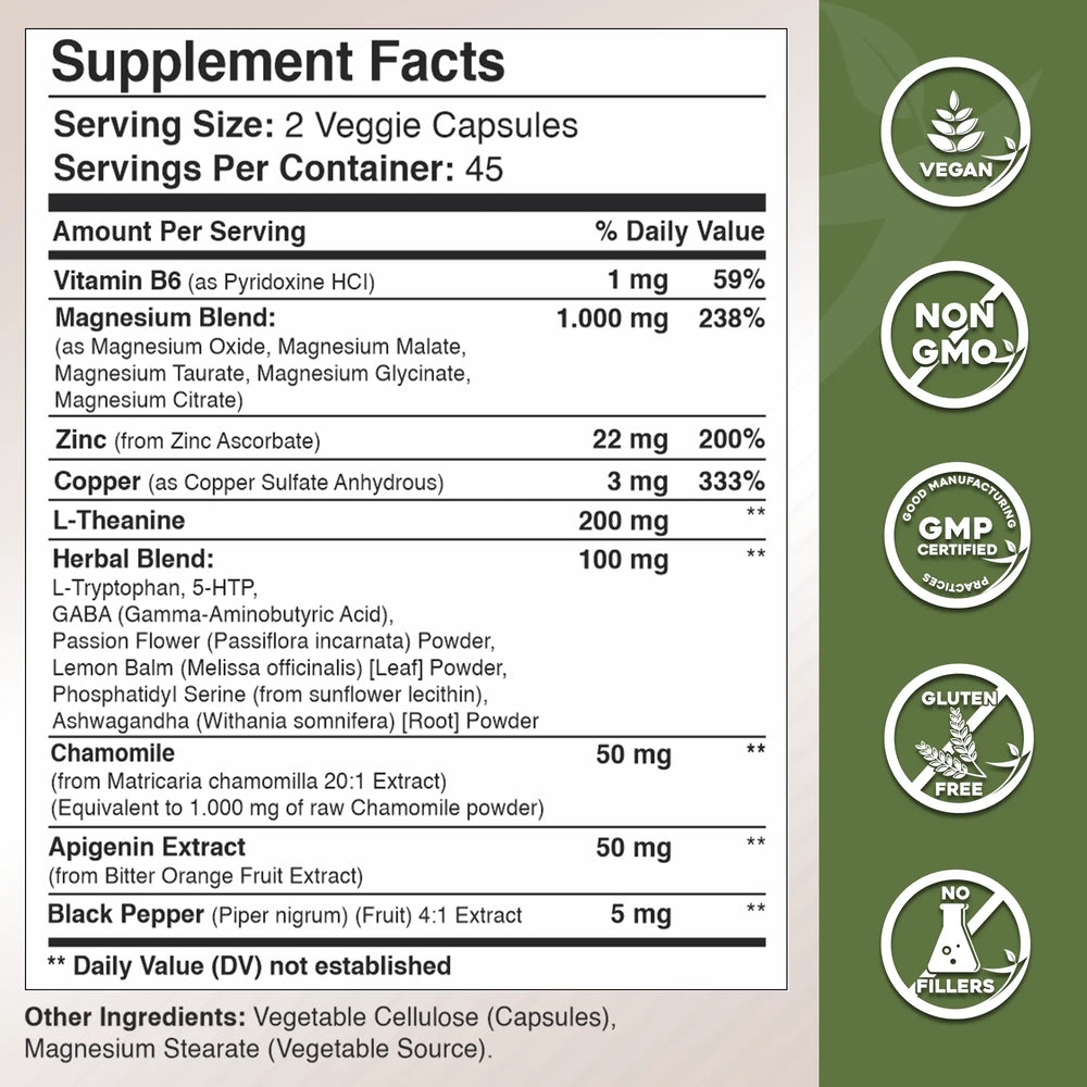 Magnesium with L Theanine, Apigenin,  L Tryptophan, 5 HTP, GABA, Blend 18-in-1 - Gade Nutrition