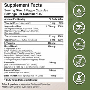 Magnesium with L Theanine, Apigenin,  L Tryptophan, 5 HTP, GABA, Blend 18-in-1 - Gade Nutrition