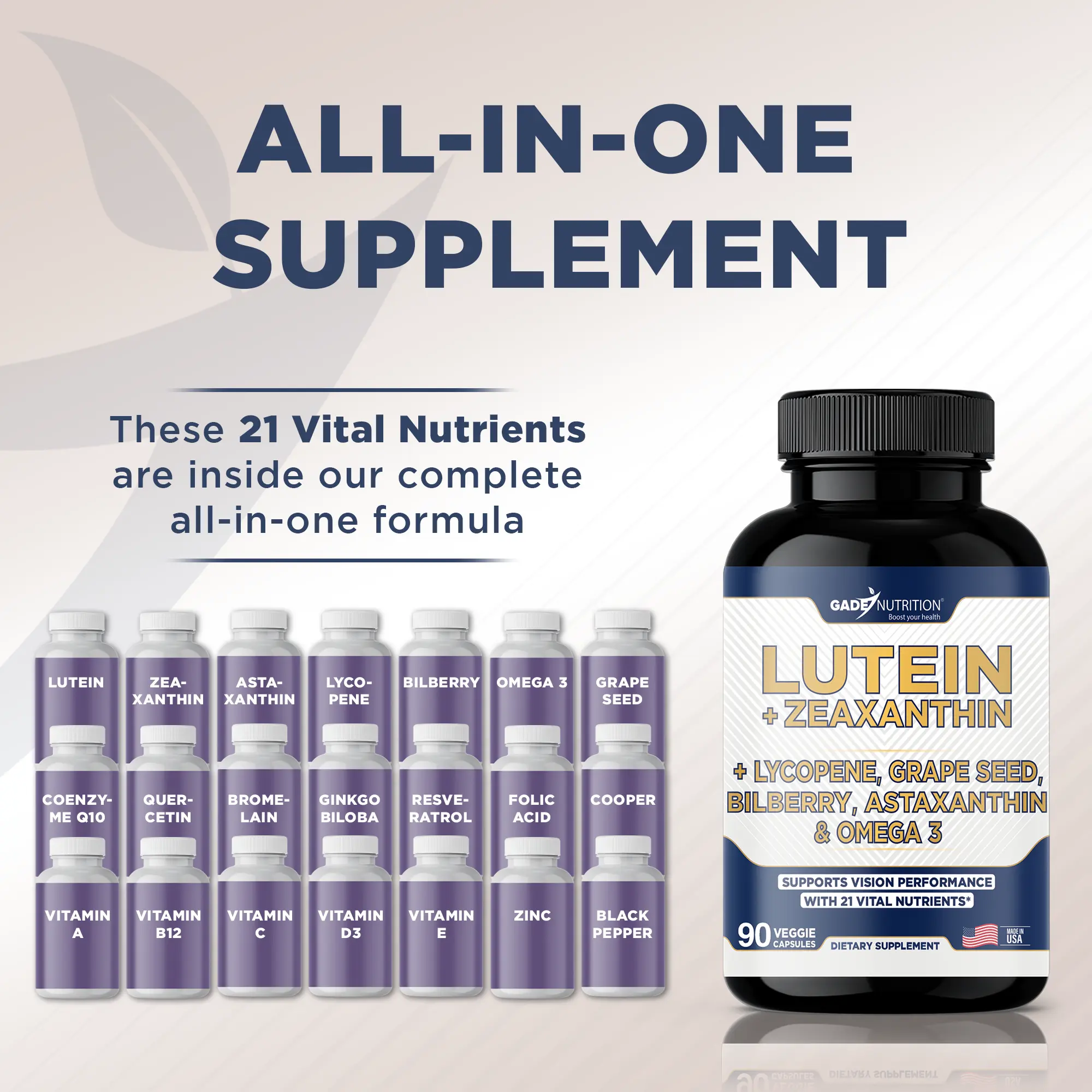 Lutein + Zeaxanthin, Lycopene, Grape Seed, Bilberry, Astaxanthin & Omega 3 - Gade Nutrition
