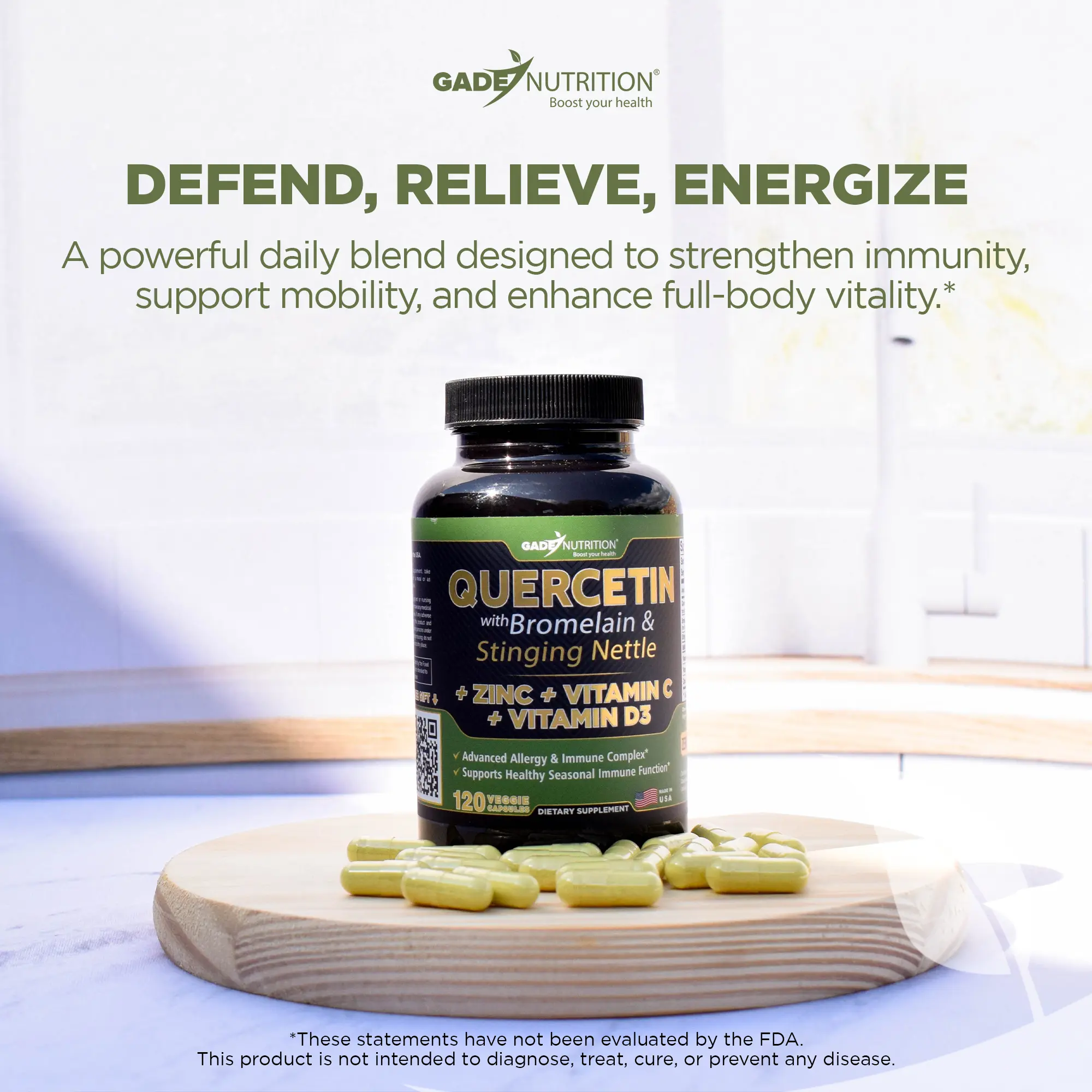 Quercetin with Bromelain & Stinging Nettle + Vitamin C, D3 and Zinc GADE NUTRITION