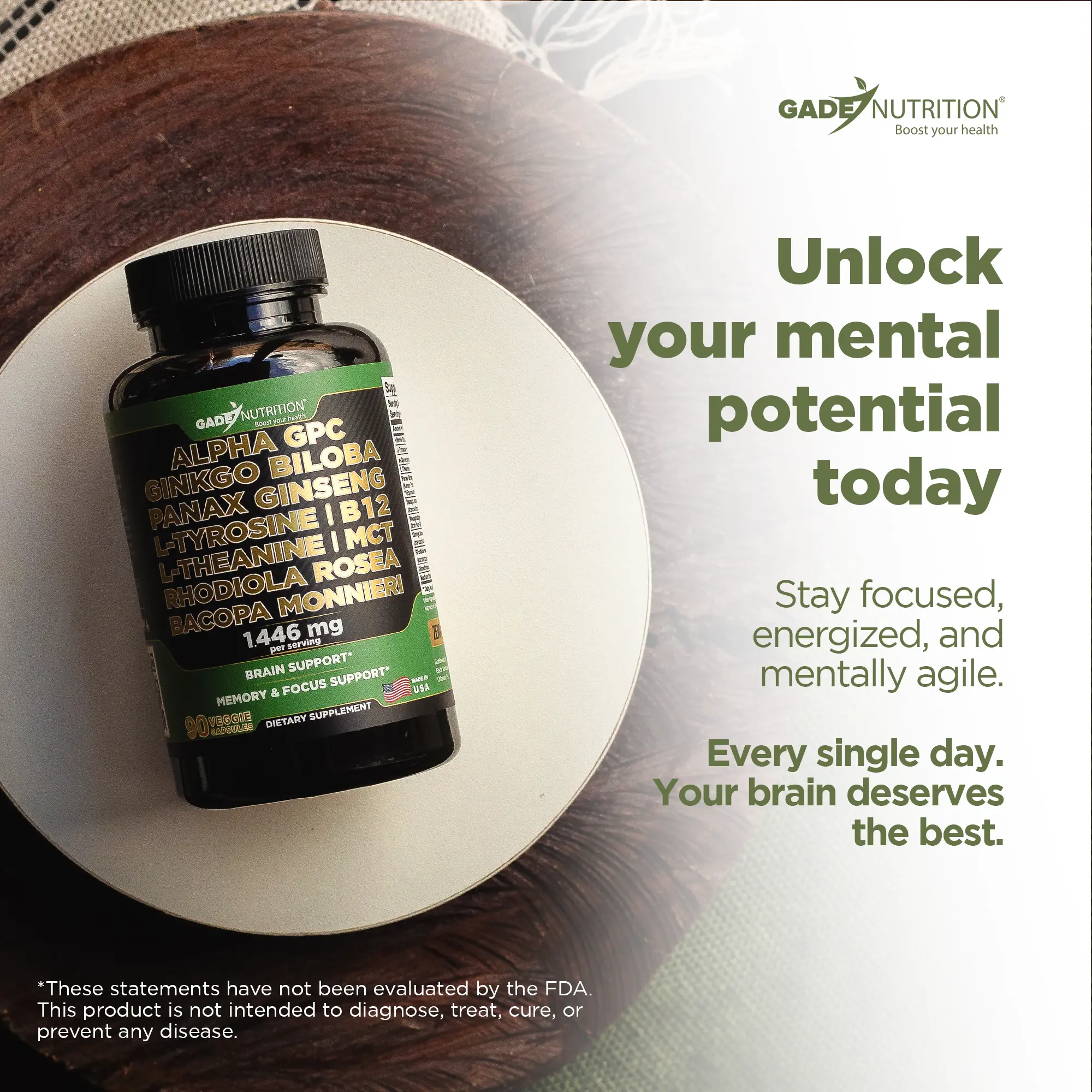 Alpha GPC Blend with Ginkgo Biloba, Ginseng, B12, MCT, Bacopa and More GADE NUTRITION