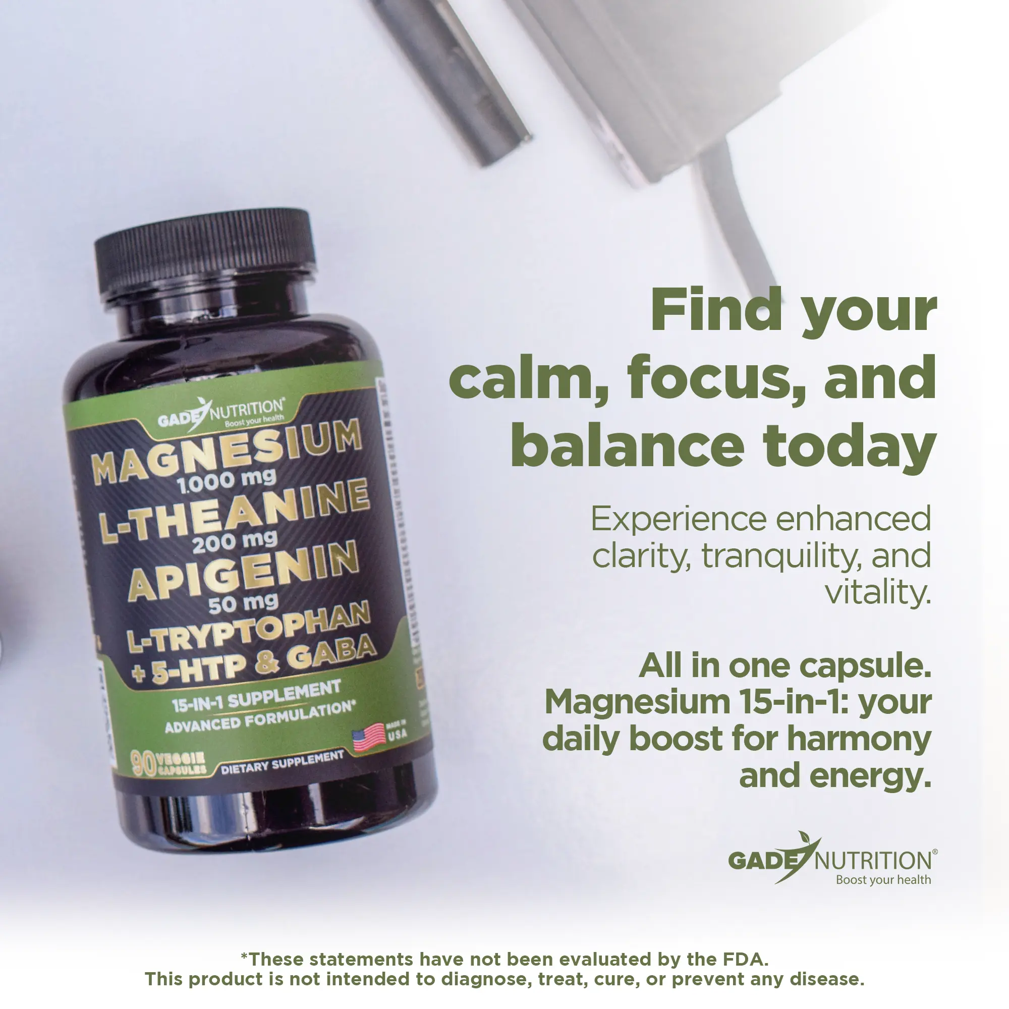 Magnesium with L-Theanine, Apigenin,  L-Tryptophan, 5 HTP, GABA - Blend 15-in-1 GADE NUTRITION