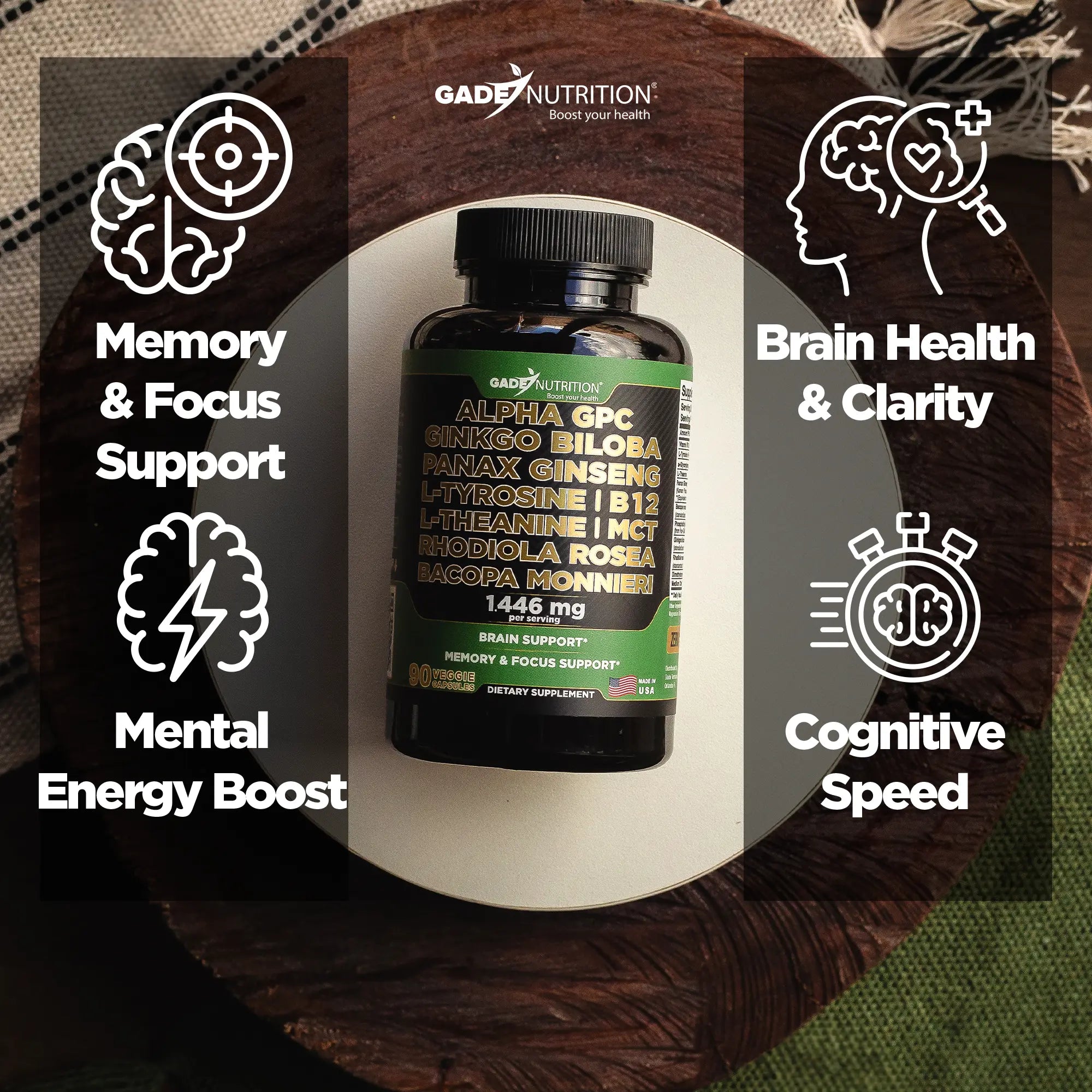 Alpha GPC Blend with Ginkgo Biloba, Ginseng, B12, MCT, Bacopa and More GADE NUTRITION