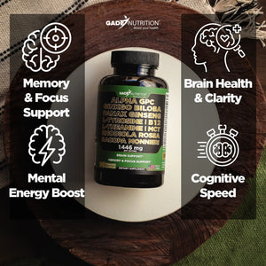 Alpha GPC Blend with Ginkgo Biloba, Ginseng, B12, MCT, Bacopa and More GADE NUTRITION