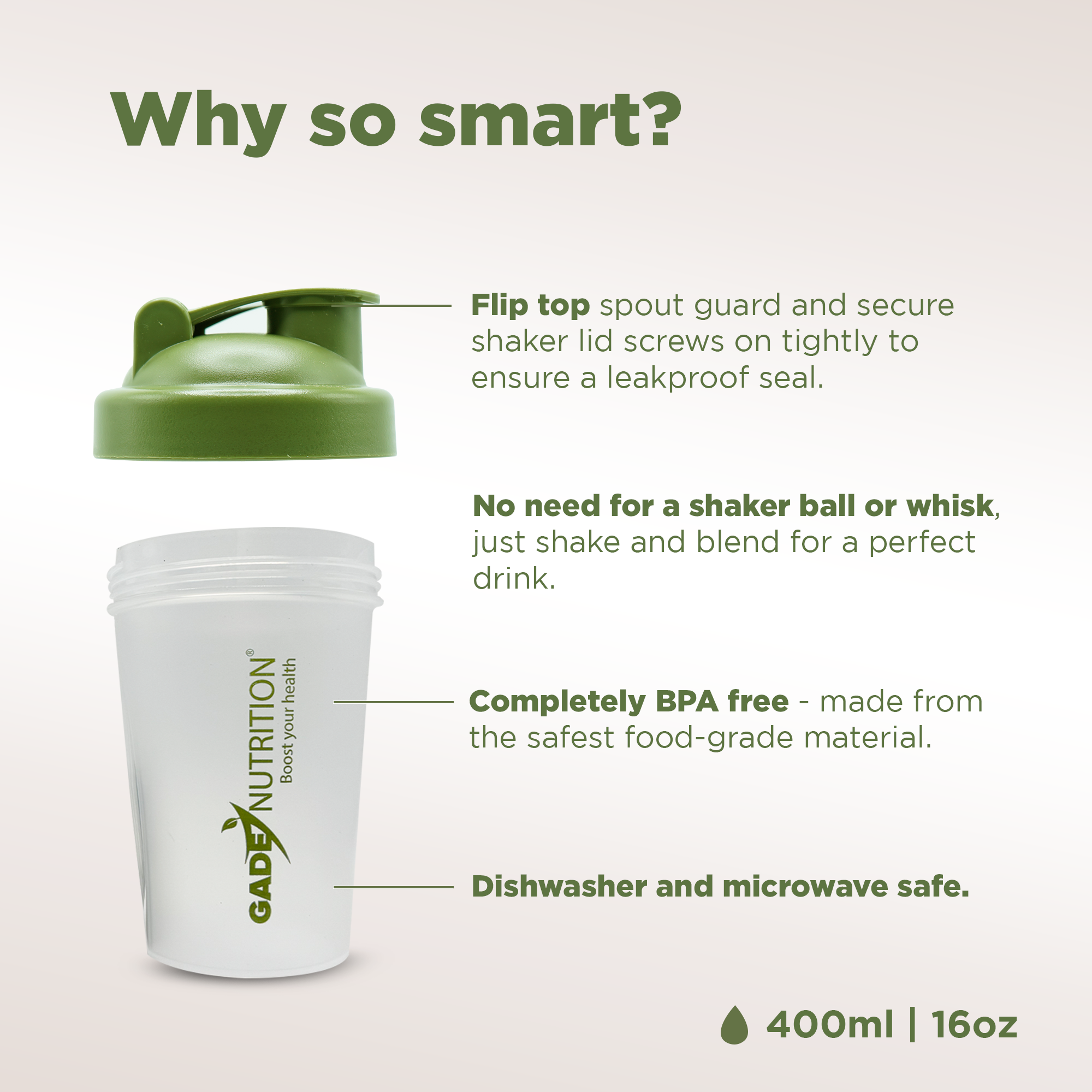 Shaker Bottle Blender - 16oz - 400ml | BPA free and phthalate-free |