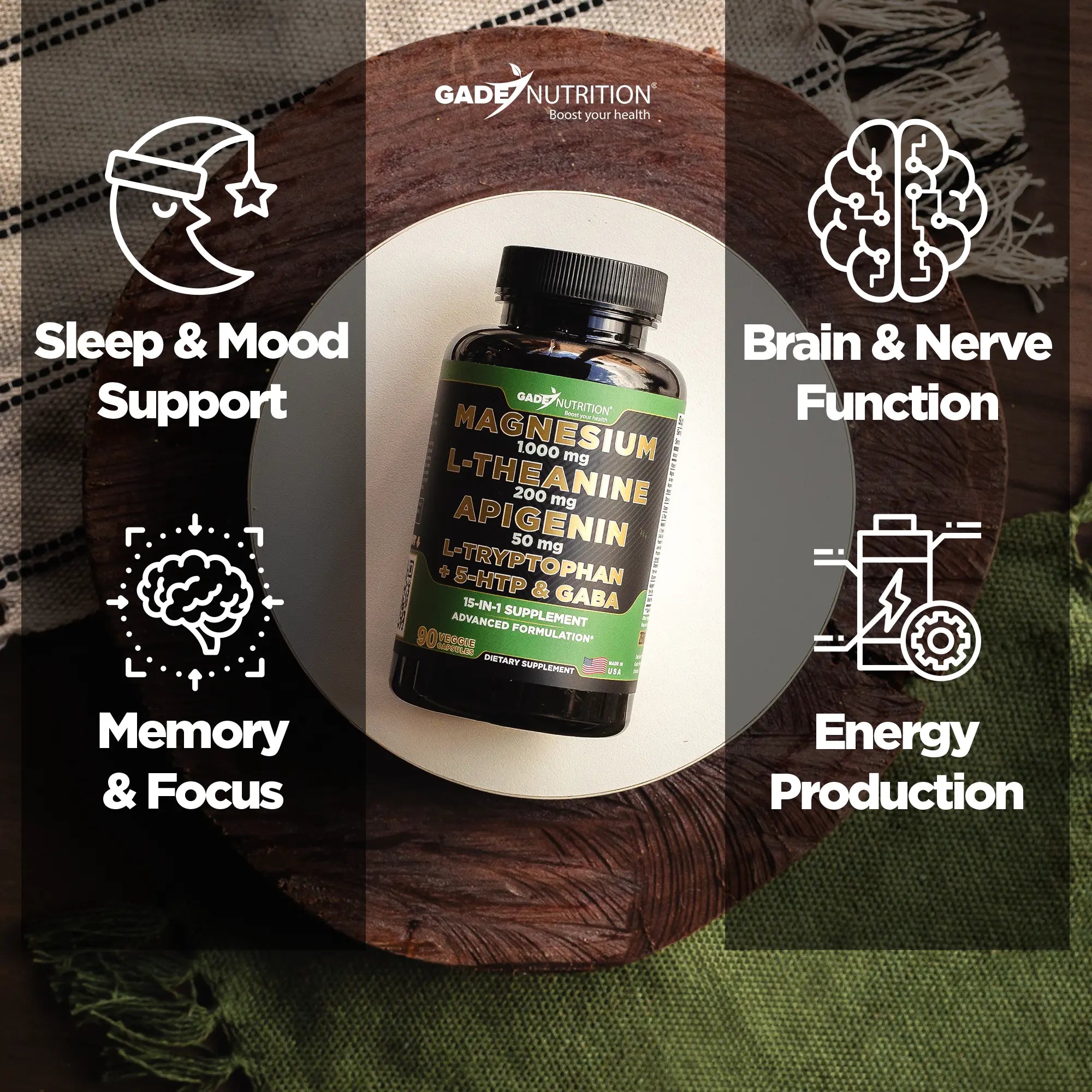 Magnesium with L-Theanine, Apigenin,  L-Tryptophan, 5 HTP, GABA - Blend 15-in-1 GADE NUTRITION