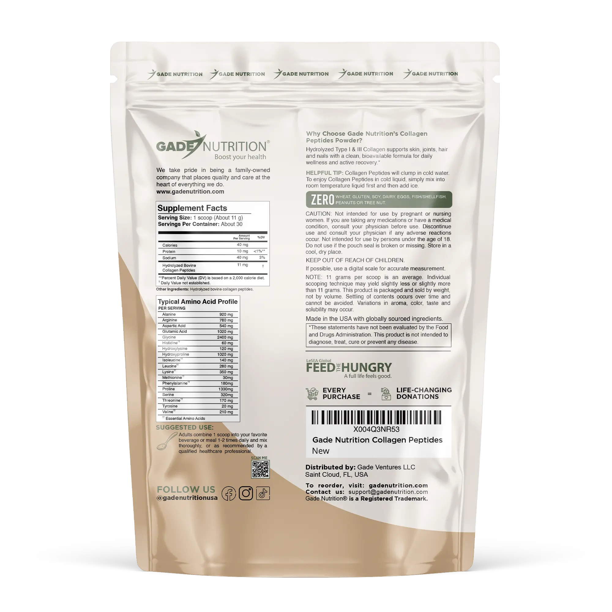 Collagen Peptides Powder Hydrolyzed Types I & III Gade Nutrition