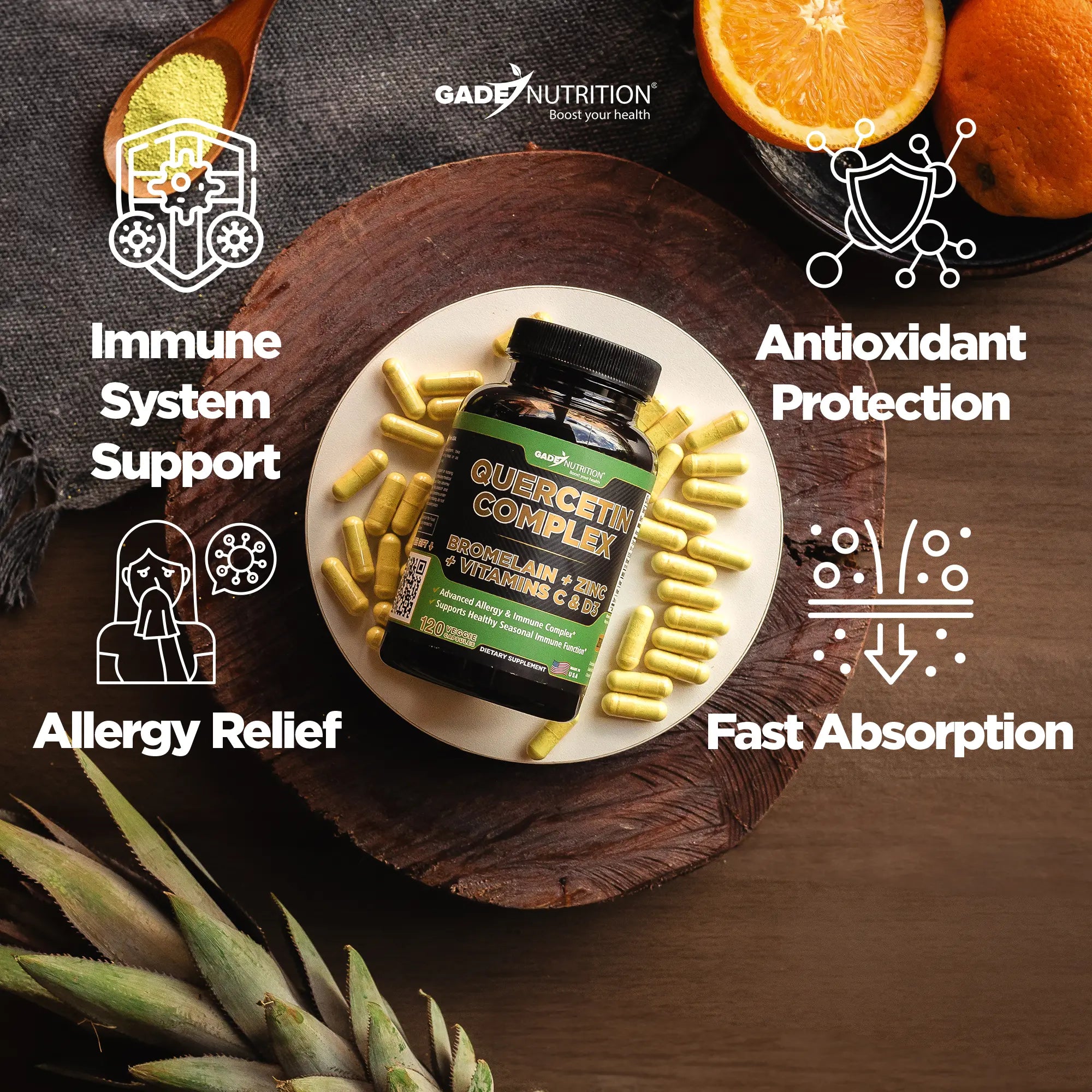 Quercetin Complex with Bromelain, Vitamin C, D3 and Zinc GADE NUTRITION