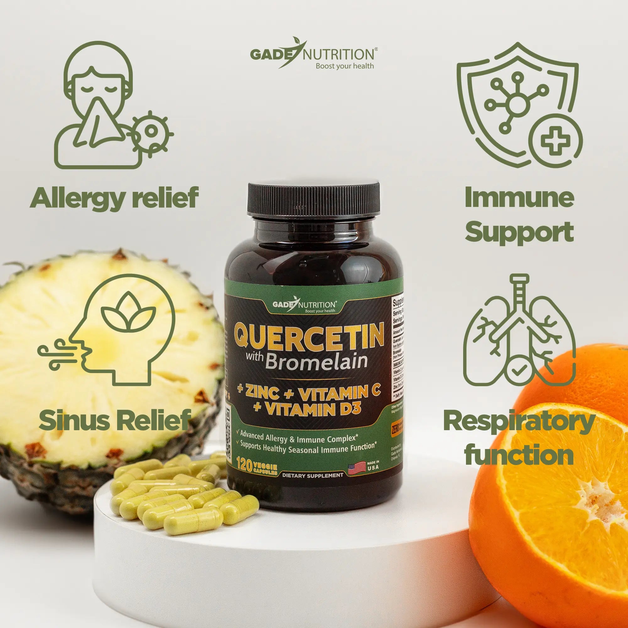 Quercetin with Bromelain + Vitamin C, D3 and Zinc GADE NUTRITION