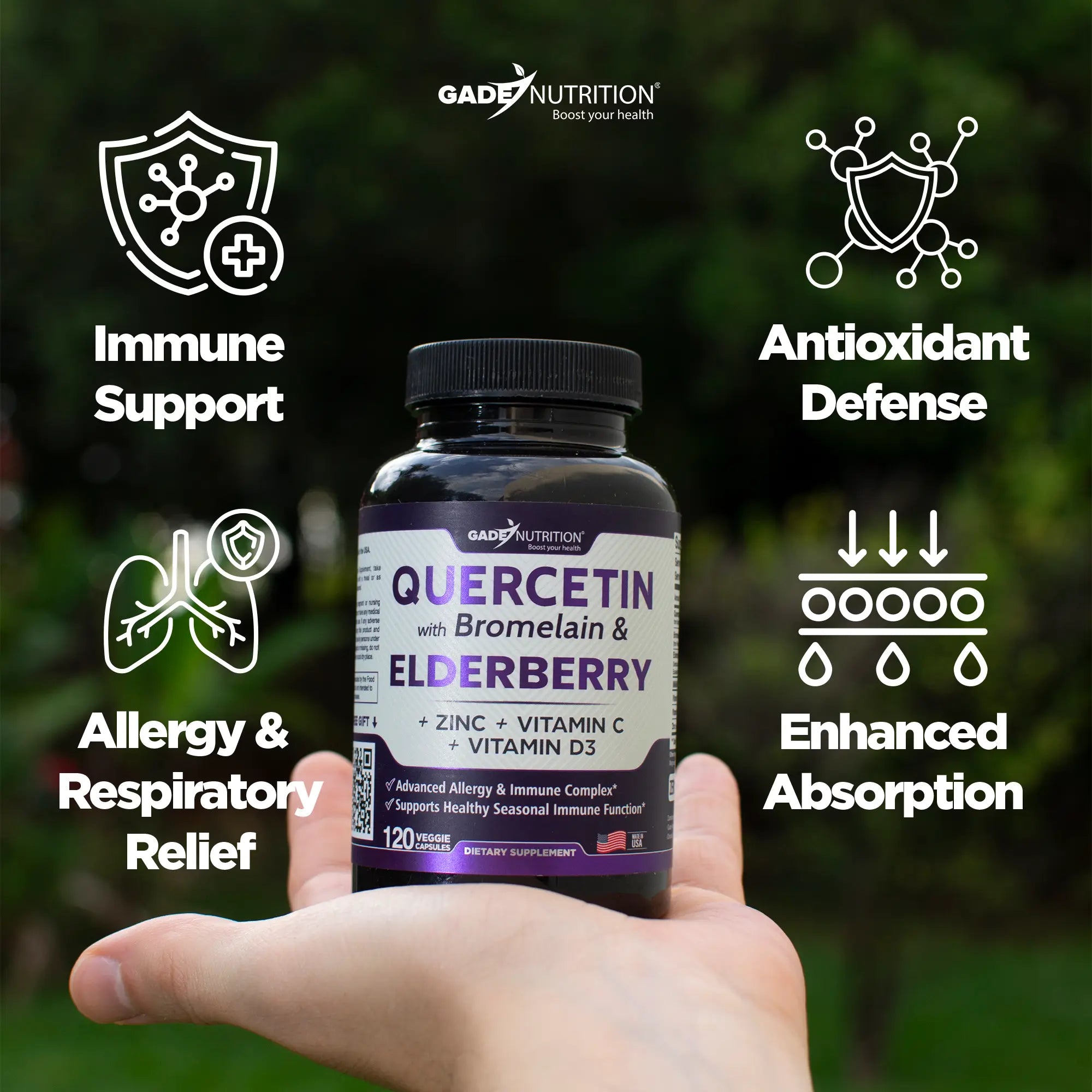 Quercetin with Bromelain & Elderberry + Vitamin C, D3 and Zinc GADE NUTRITION