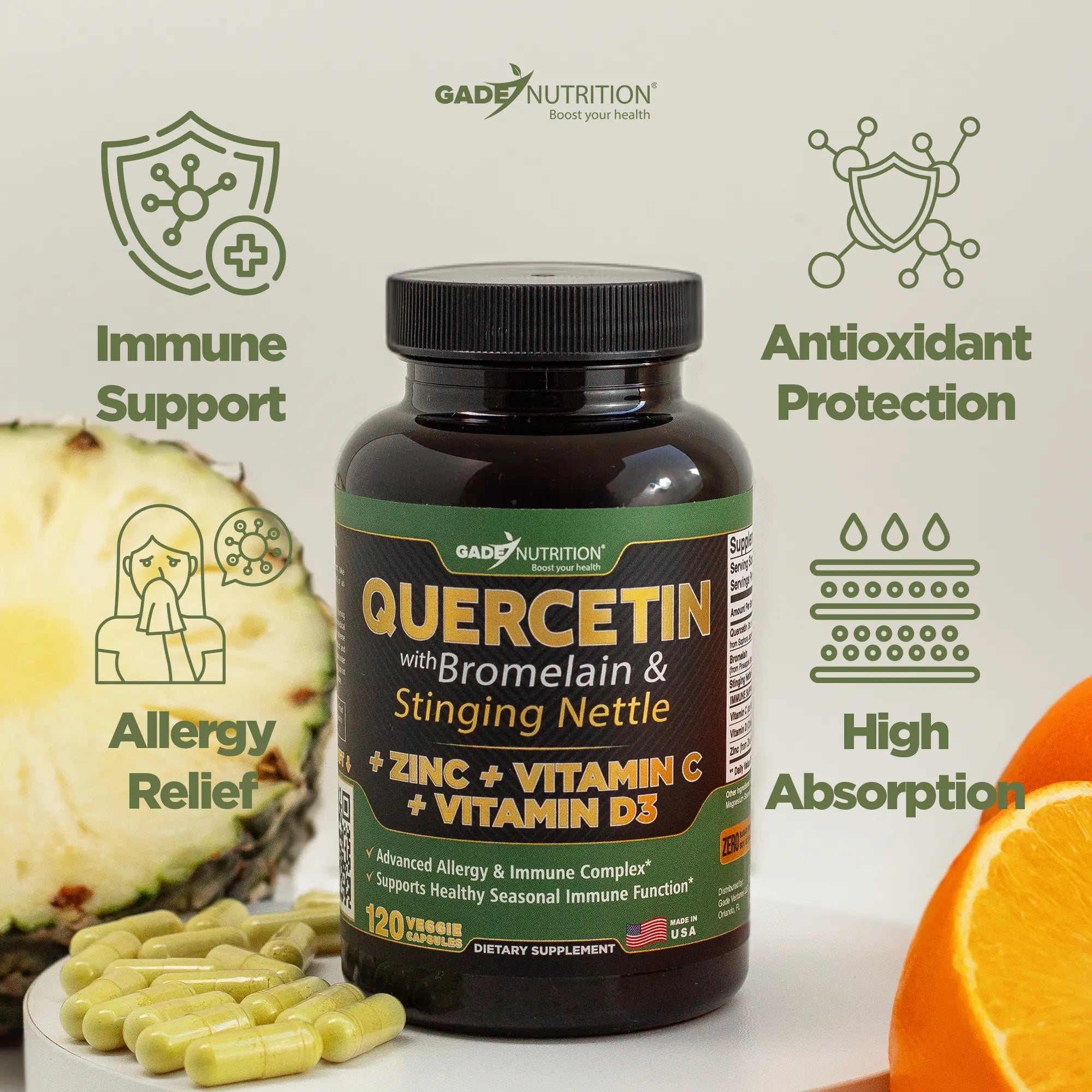 Quercetin with Bromelain & Stinging Nettle + Vitamin C, D3 and Zinc GADE NUTRITION