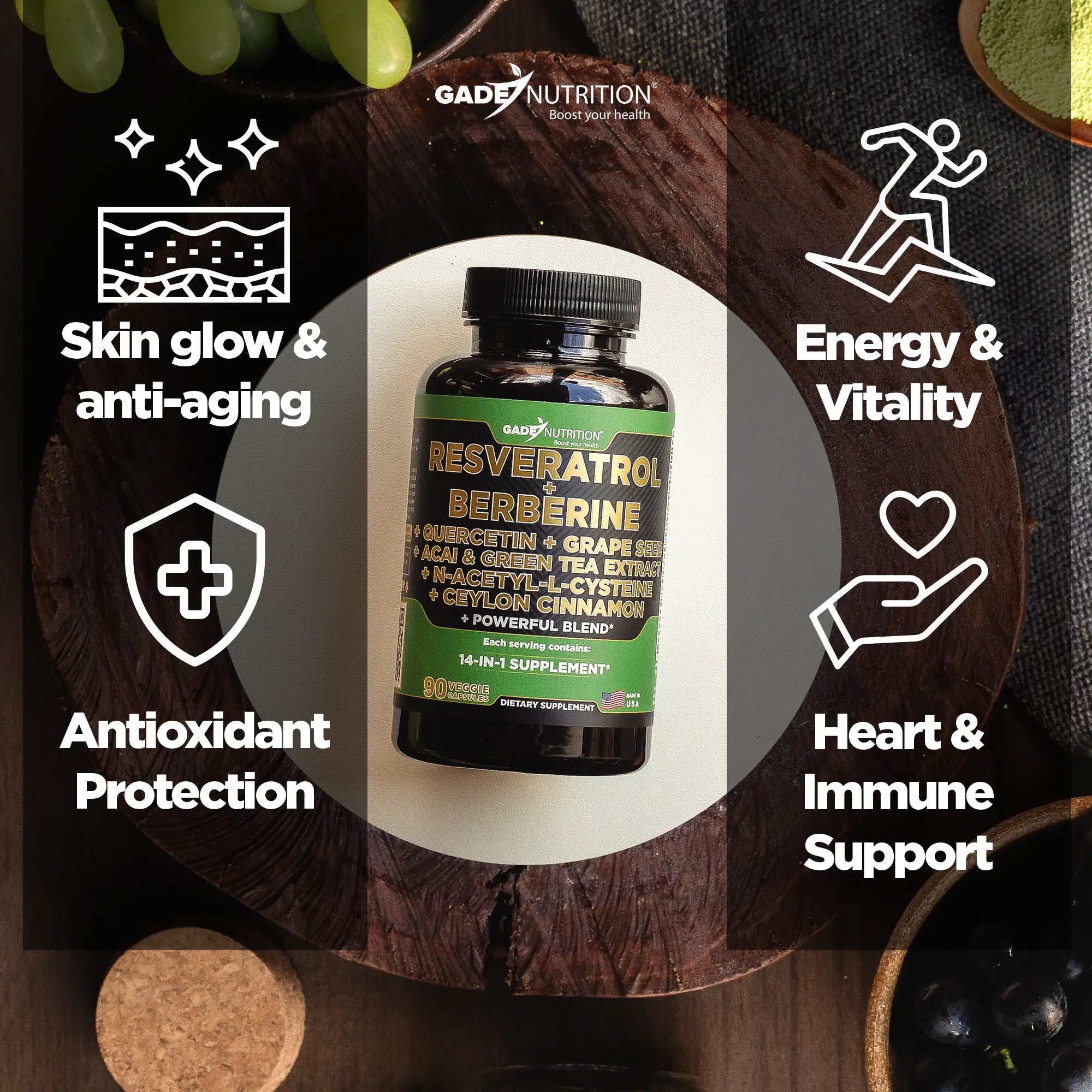 Resveratrol 14-in-1 with Berberine, Quercetin, Grape Seed and More Gade Nutrition